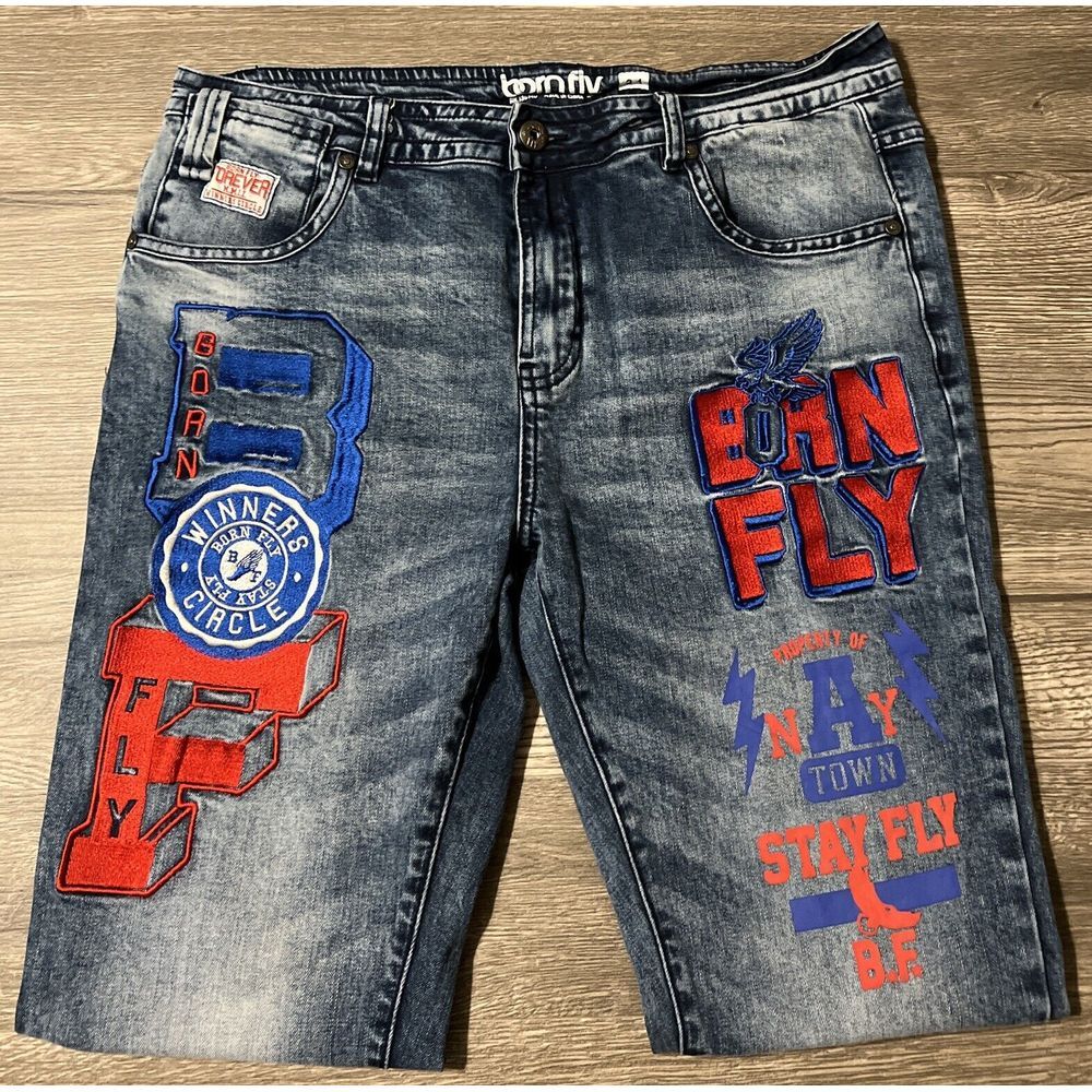Born Fly Men's Straight Leg Any Town Stay Fly Embroidered Stone Wash Jeans 34x30